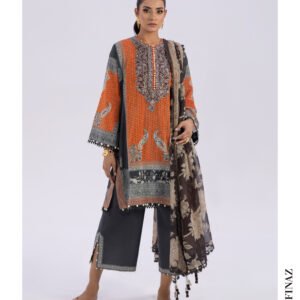 Vibrant Orange & Charcoal Lawn Suit – 3 Piece Unstitched